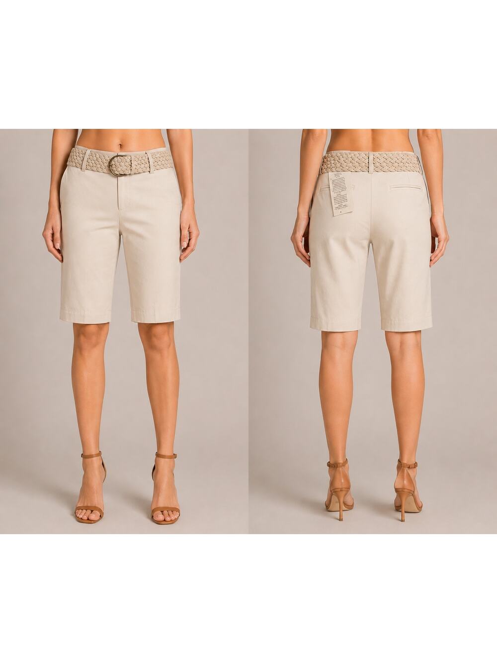 Cache Lillie Beige Walking Bermuda Dress Short Pant New WOVEN BELT $118 NWT Sz 4